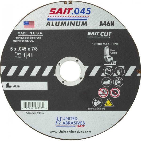 United Abrasives/Sait United Abrasives - Sait Cut Off Wheel Type 1 A46N 4-1/2" x .045" x 7/8" 46 Grit Aluminum Oxide 23314